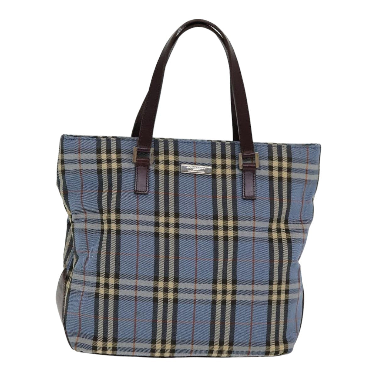 BURBERRY Nova Check Blue Label Hand Bag Nylon Blue Brown Silver Auth 85542