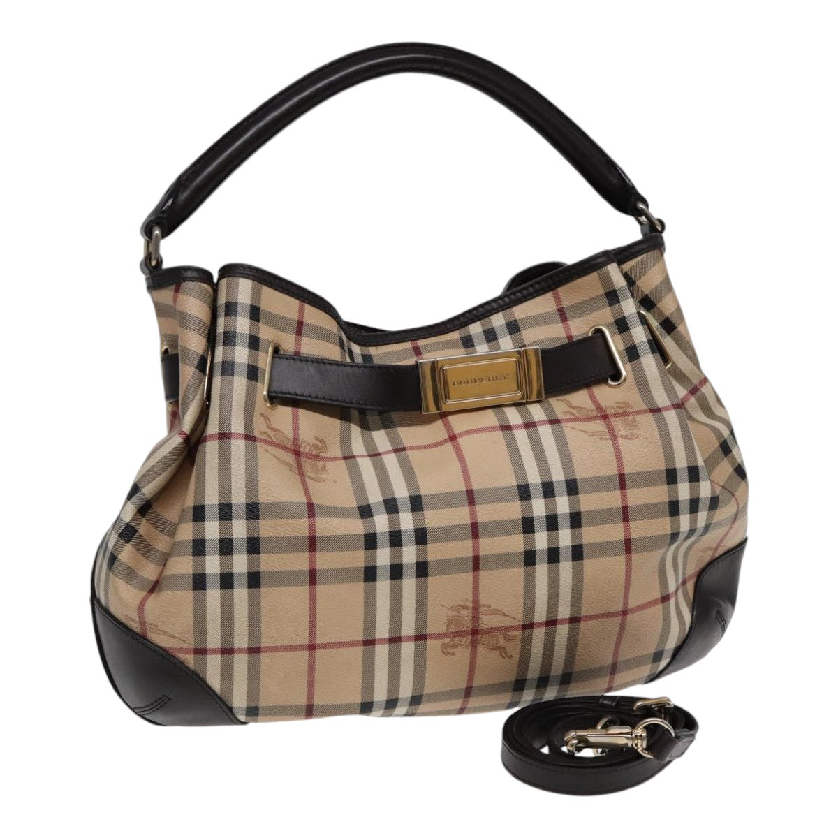 BURBERRY Nova Check Hand Bag PVC Leather 2way Beige Brown gold Auth 85543