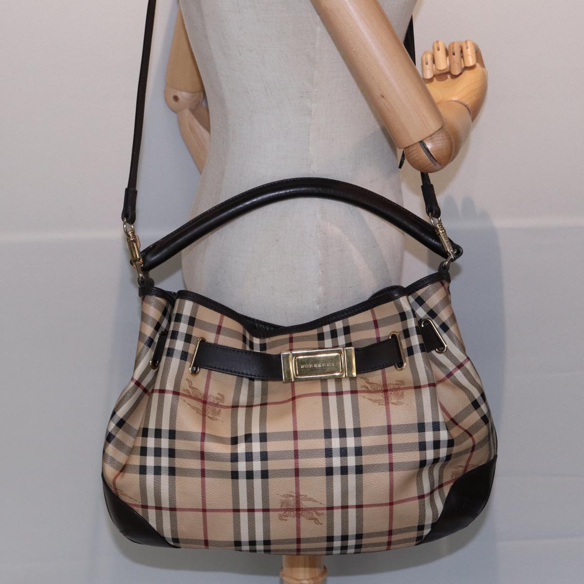 BURBERRY Nova Check Hand Bag PVC Leather 2way Beige Brown gold Auth 85543