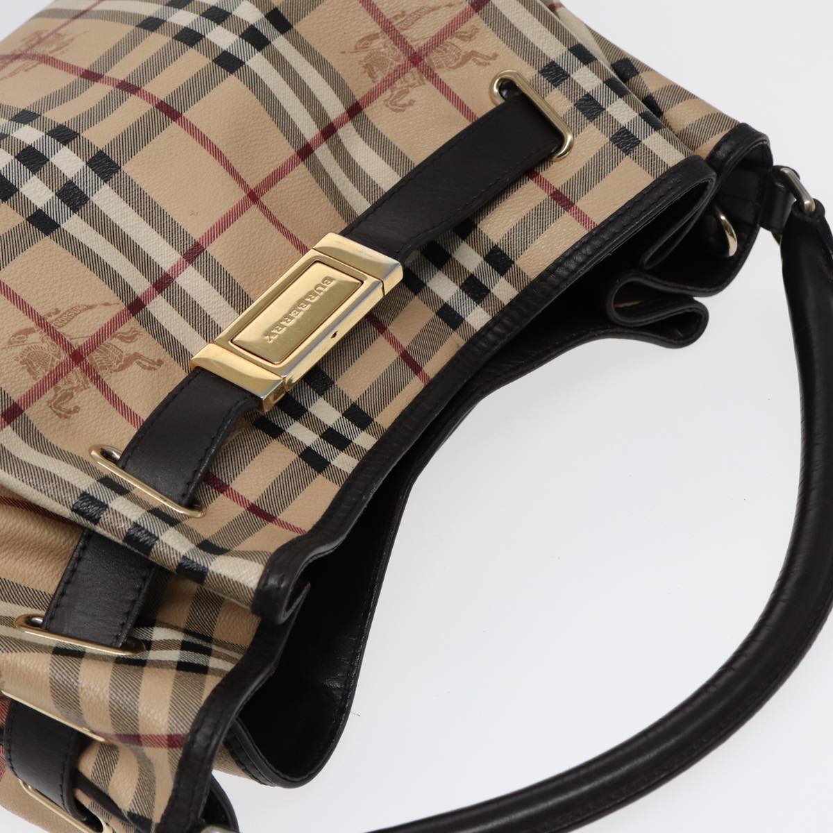 BURBERRY Nova Check Hand Bag PVC Leather 2way Beige Brown gold Auth 85543