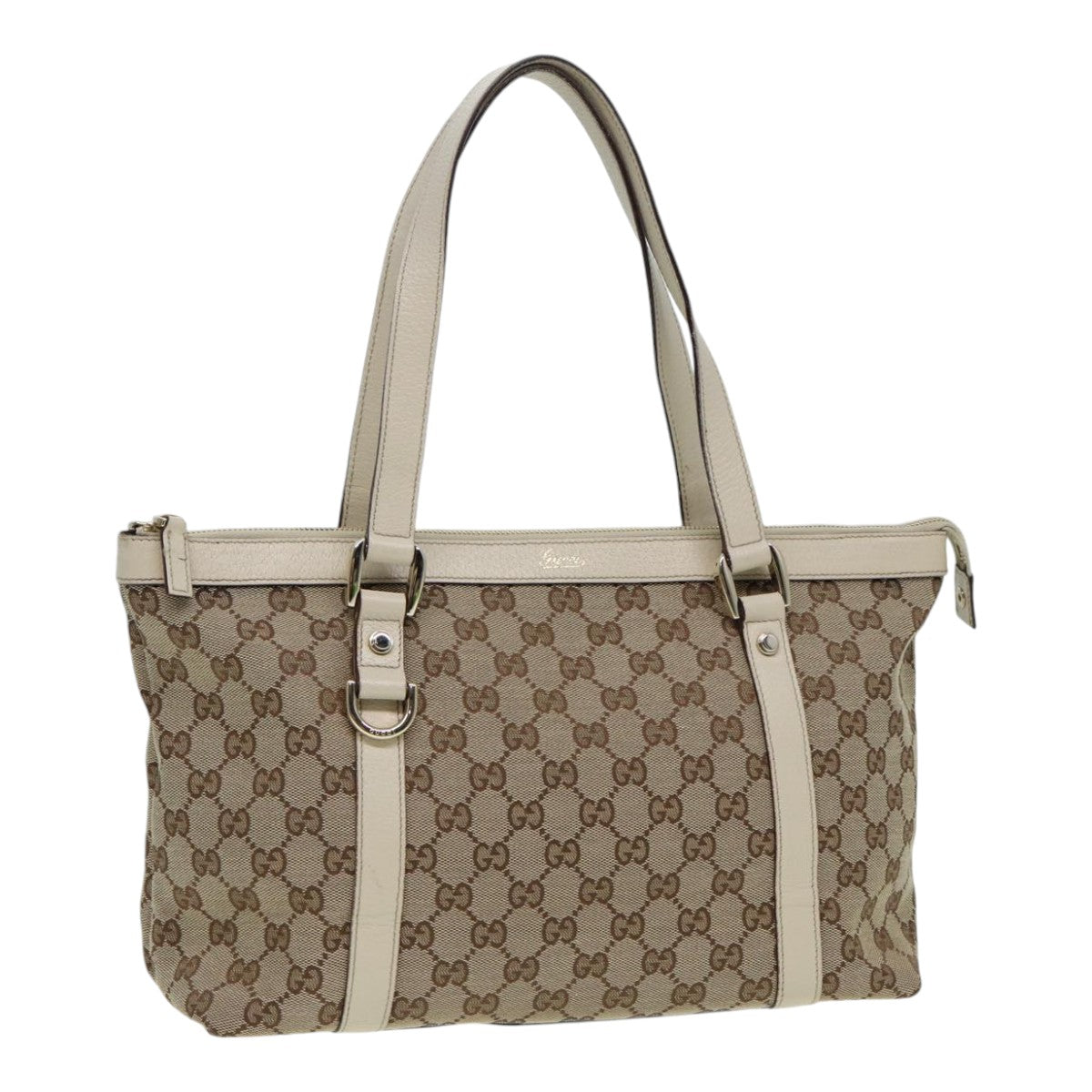 GUCCI GG Canvas Hand Bag Beige White gold 141470 Auth 85544