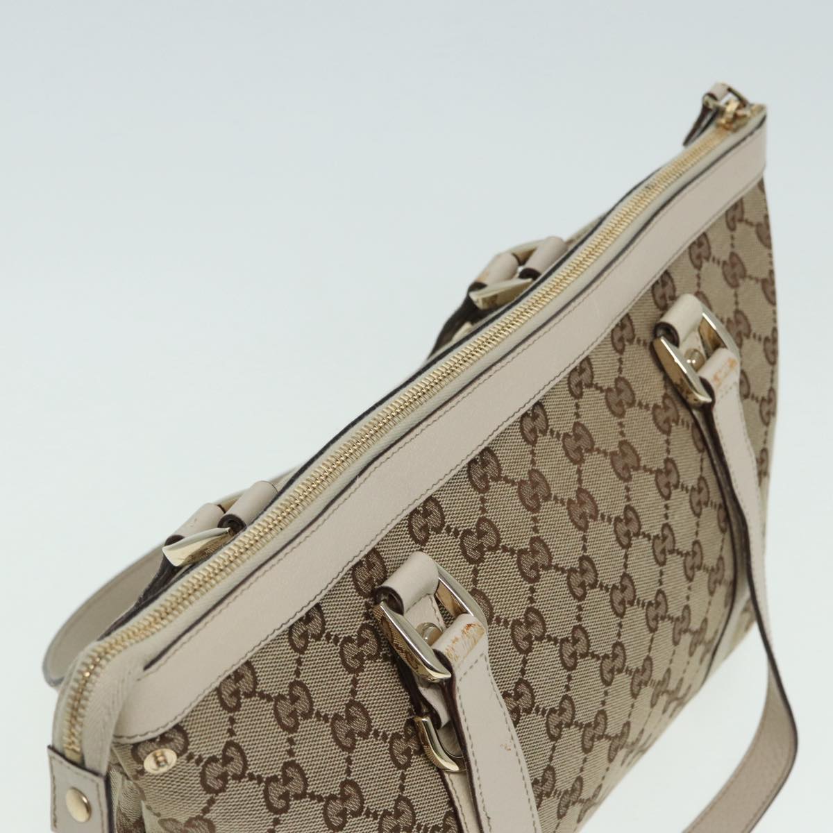 GUCCI GG Canvas Hand Bag Beige White gold 141470 Auth 85544