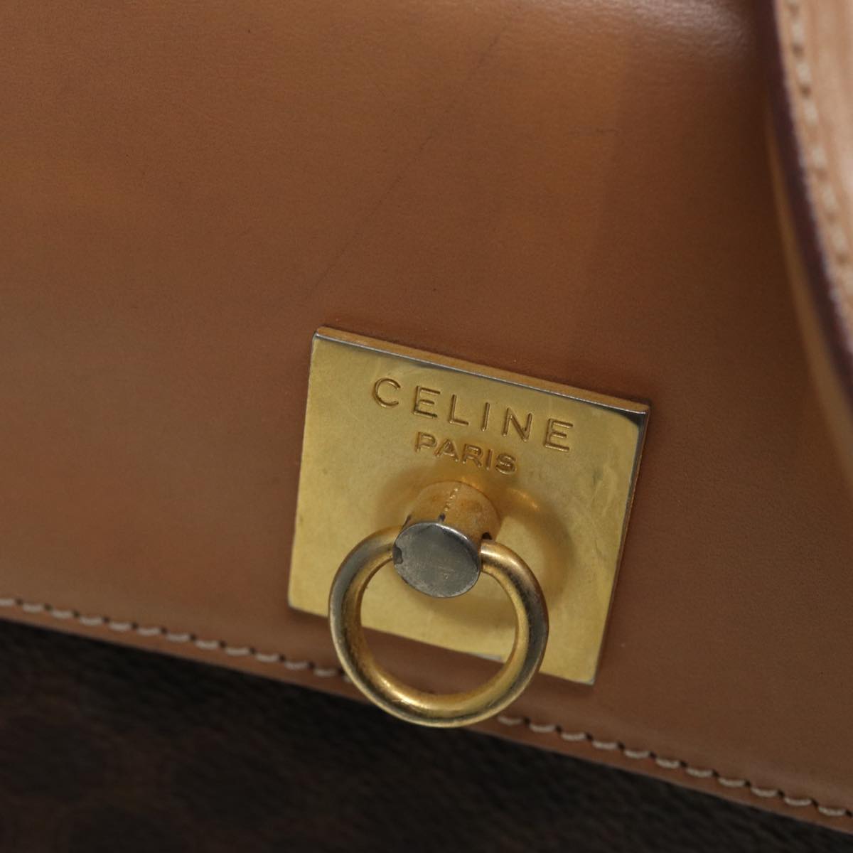 CELINE Macadam Canvas Hand Bag PVC Leather Brown Gold Auth 85545