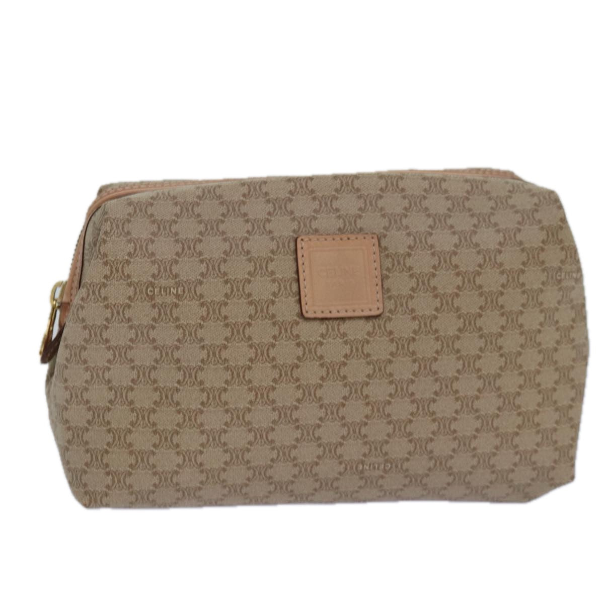 CELINE Macadam Canvas Pouch PVC Leather Beige Gold Auth 85546