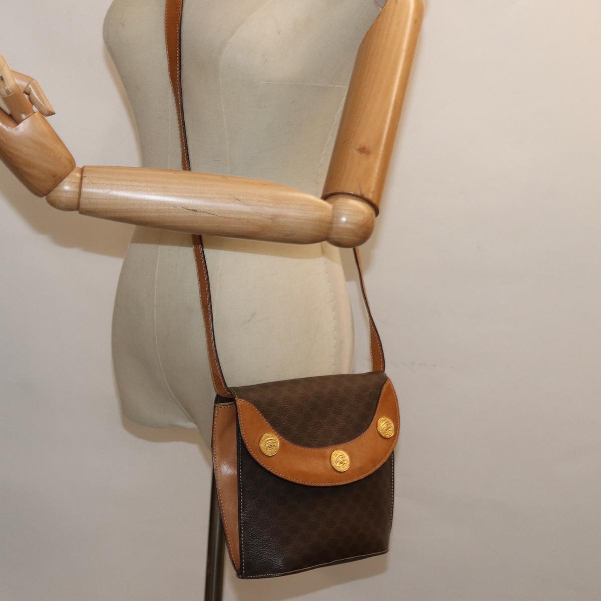 CELINE Macadam Canvas Shoulder Bag PVC Leather Brown Gold Auth 85575