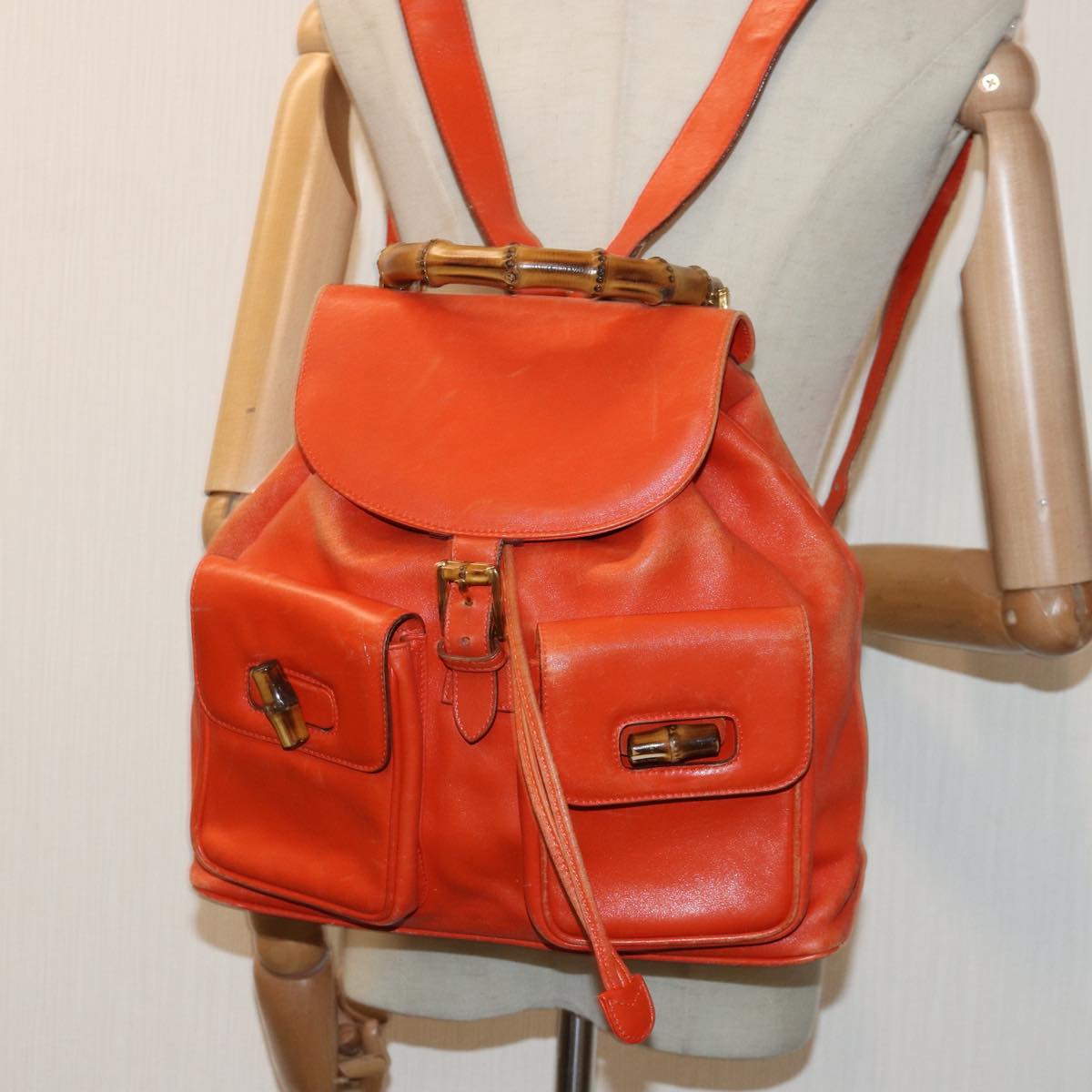 GUCCI Bamboo Backpack Leather Orange Gold 003 2058 0016 Auth 85617