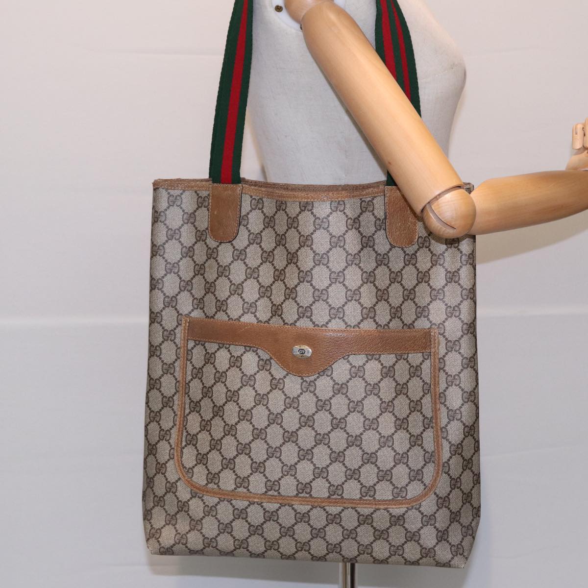 GUCCI GG Supreme Web Sherry Line Tote Bag PVC Beige Silver 39 02 003 Auth 85620