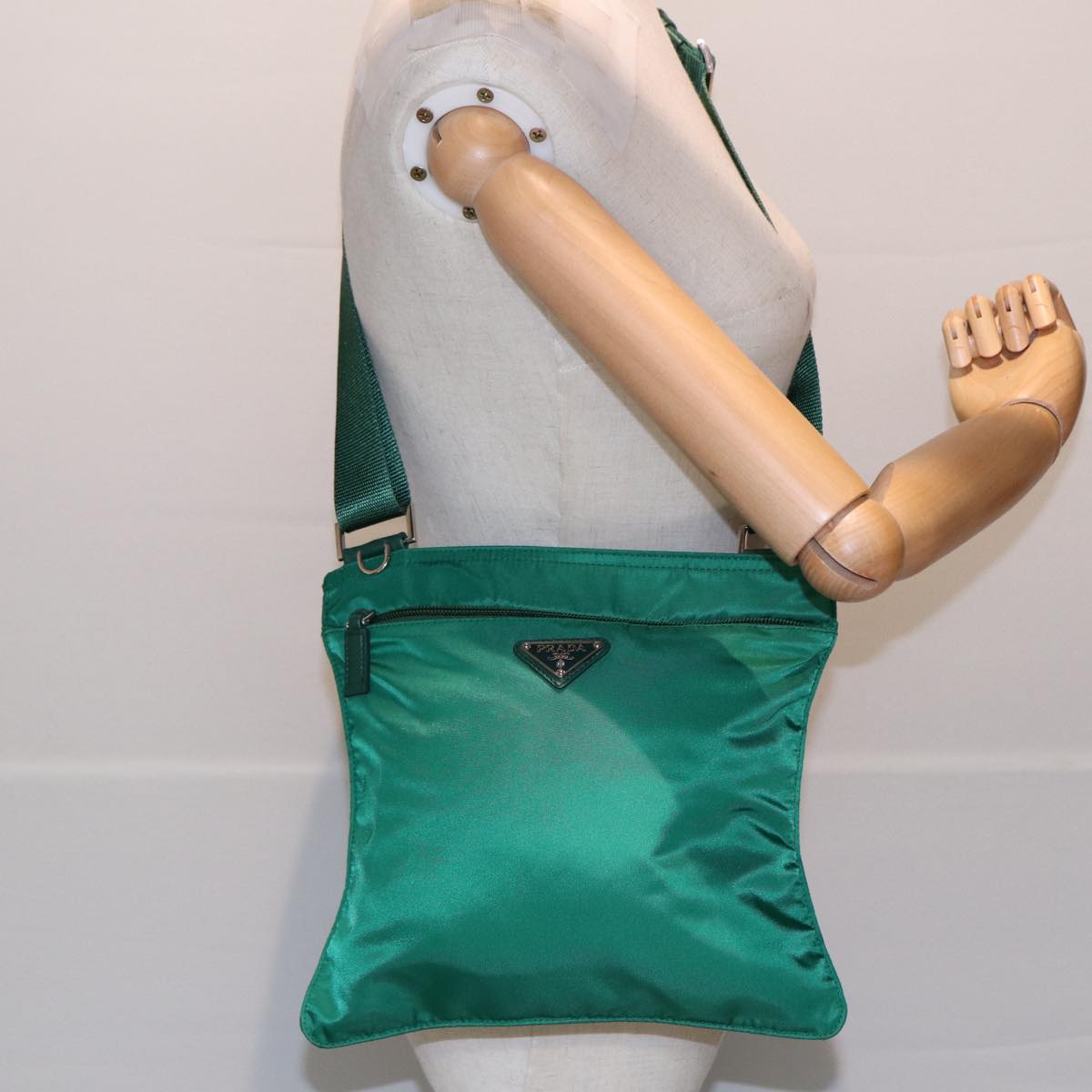 PRADA Shoulder Bag Nylon Green Silver Auth 85632