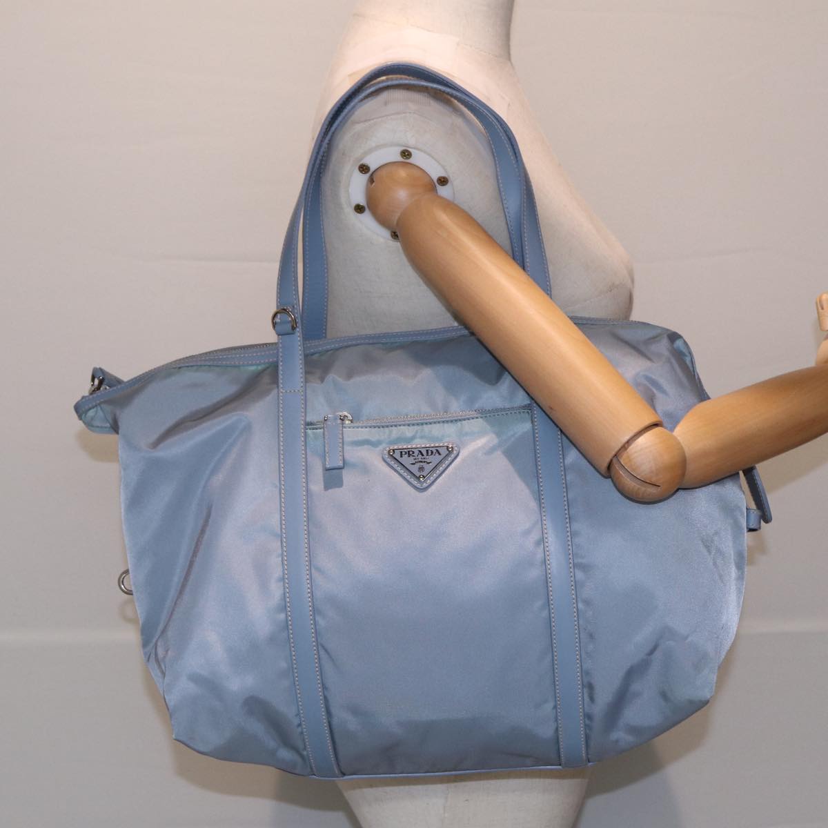 PRADA Tote Bag Nylon Light Blue Silver Auth 85637