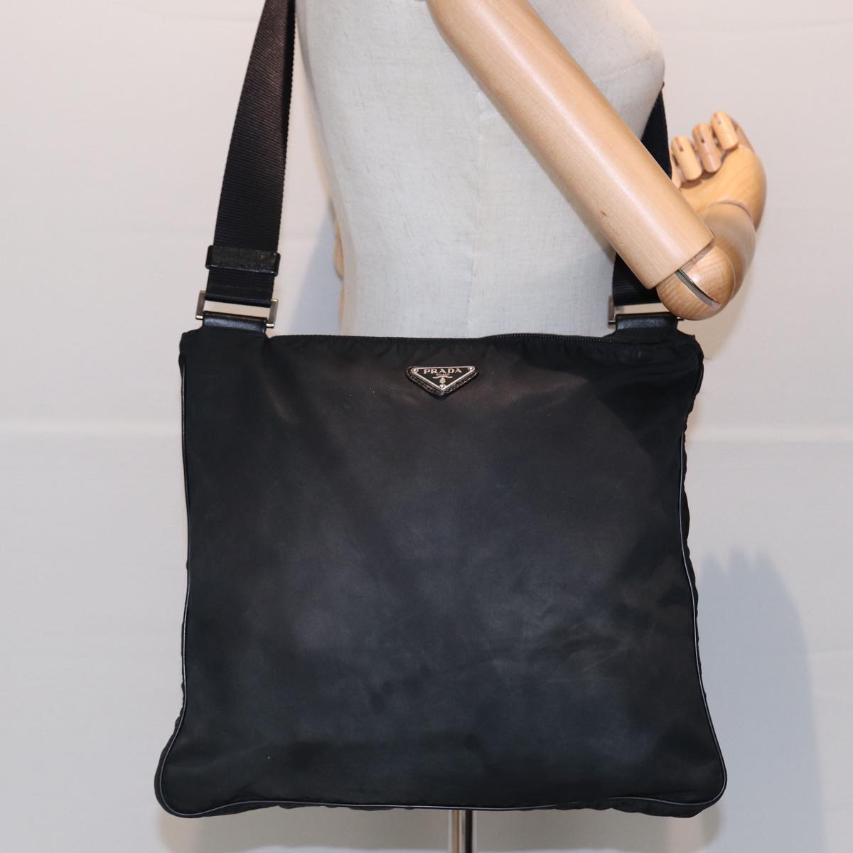 PRADA Shoulder Bag Nylon Black Silver Auth 85651