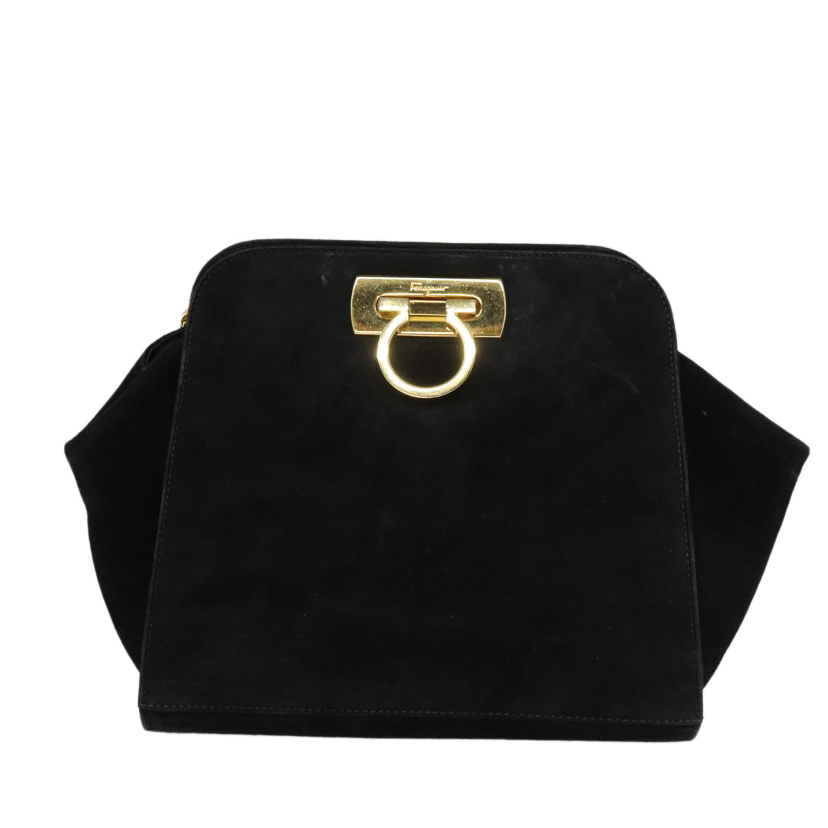 Salvatore Ferragamo Gancini Chain Shoulder Bag Suede Black Gold Auth 85682