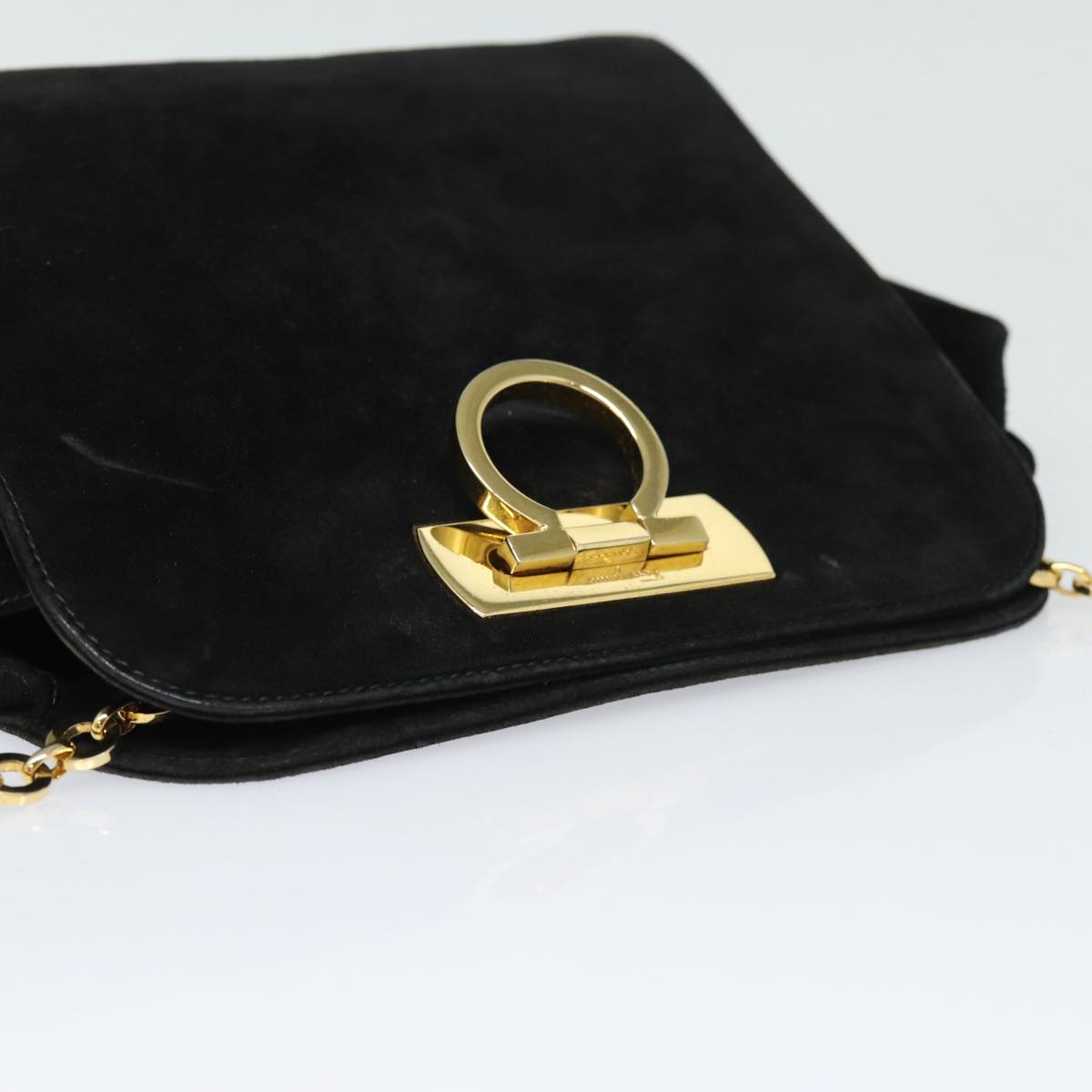 Salvatore Ferragamo Gancini Chain Shoulder Bag Suede Black Gold Auth 85682