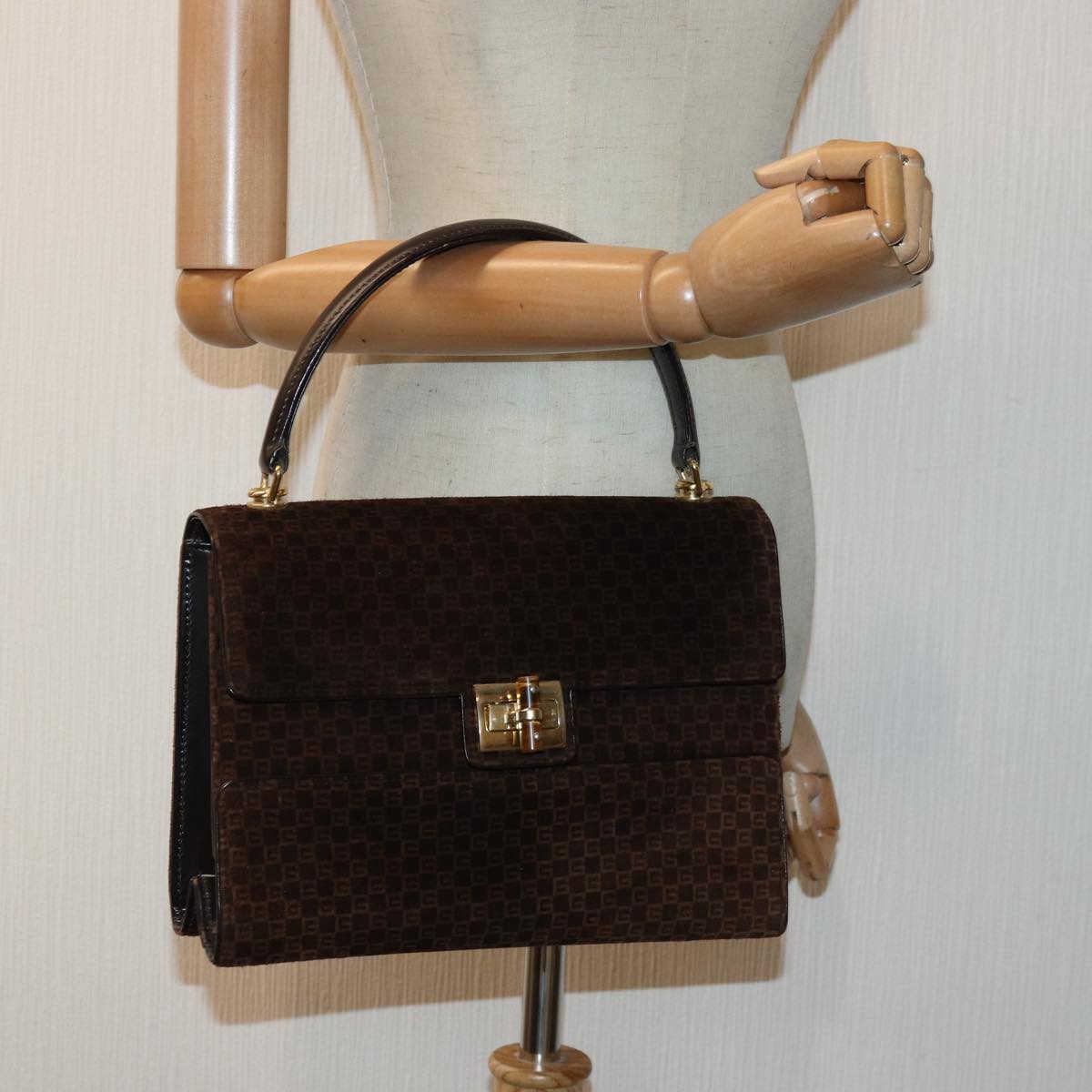 GUCCI Hand Bag Suede Brown Gold Auth 85683