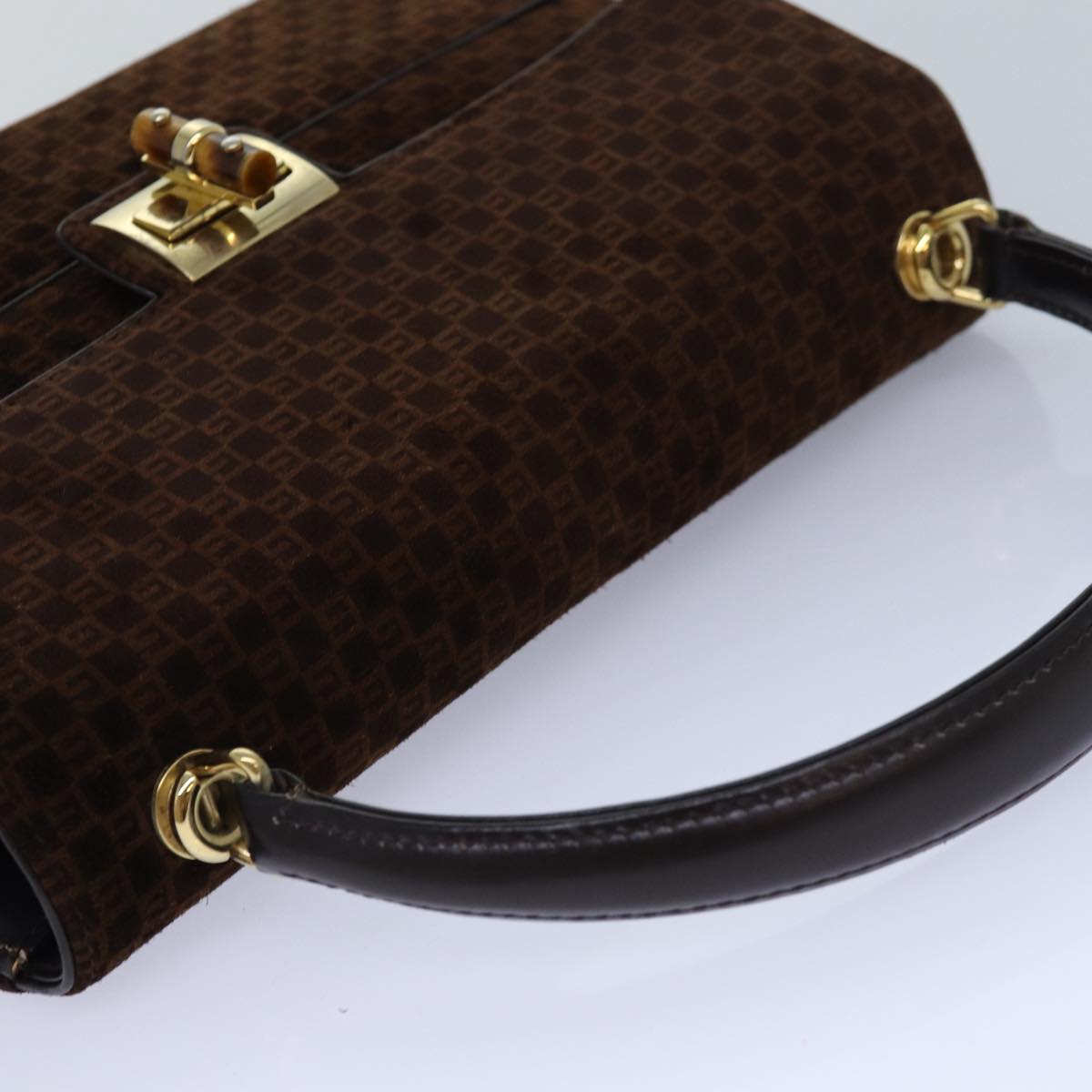 GUCCI Hand Bag Suede Brown Gold Auth 85683