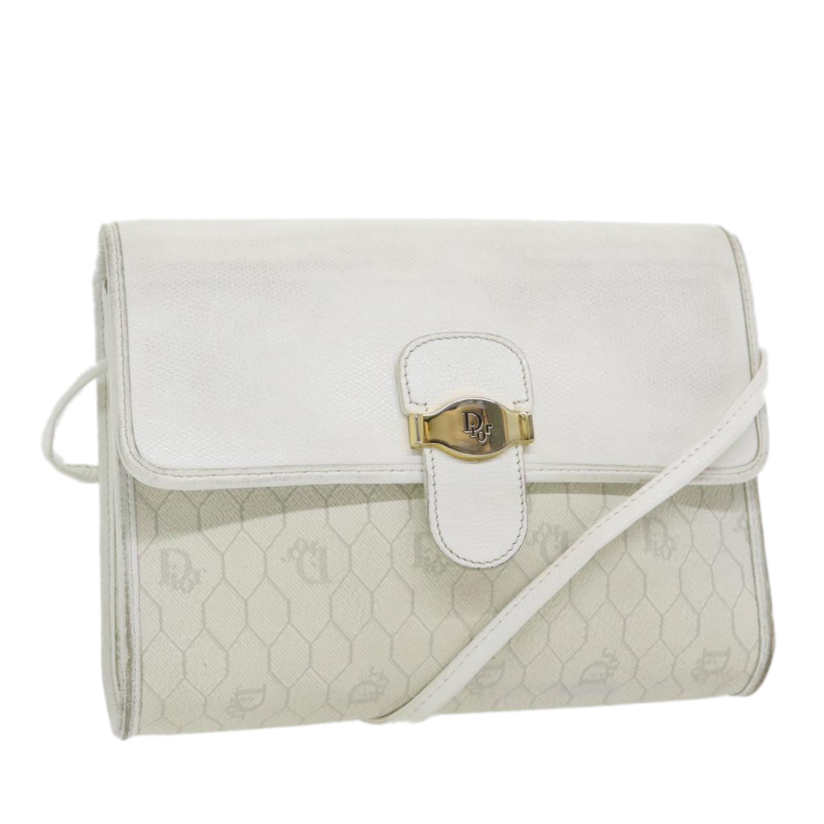 Christian Dior Honeycomb Canvas Shoulder Bag PVC Leather White Gold Auth 85684