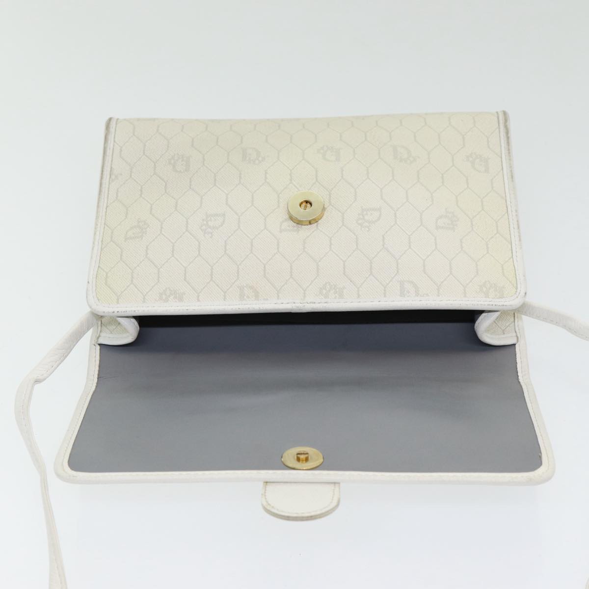 Christian Dior Honeycomb Canvas Shoulder Bag PVC Leather White Gold Auth 85684