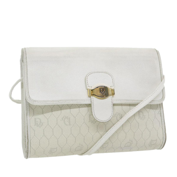 Christian Dior Honeycomb Canvas Umhängetasche PVC Leder Weiß Gold Auth 85684