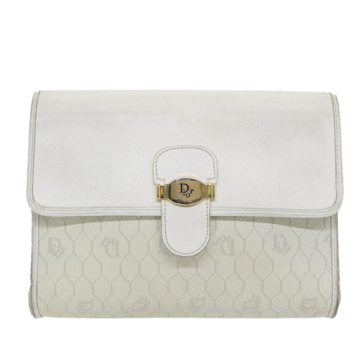 Christian Dior Honeycomb Canvas Shoulder Bag PVC Leather White Gold Auth 85684