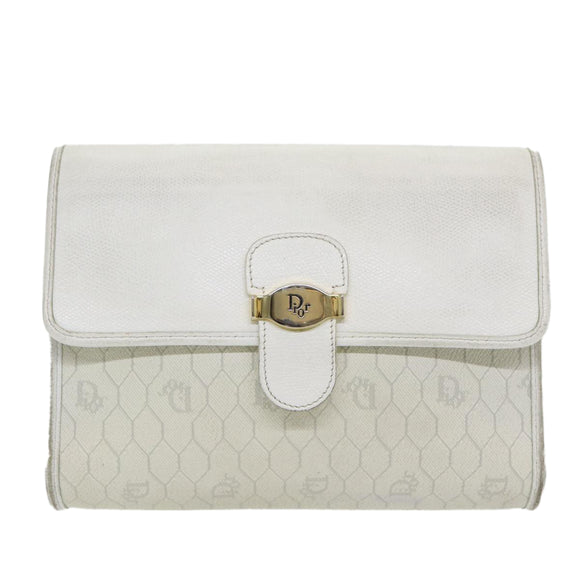 Christian Dior Honeycomb Canvas Umhängetasche PVC Leder Weiß Gold Auth 85684