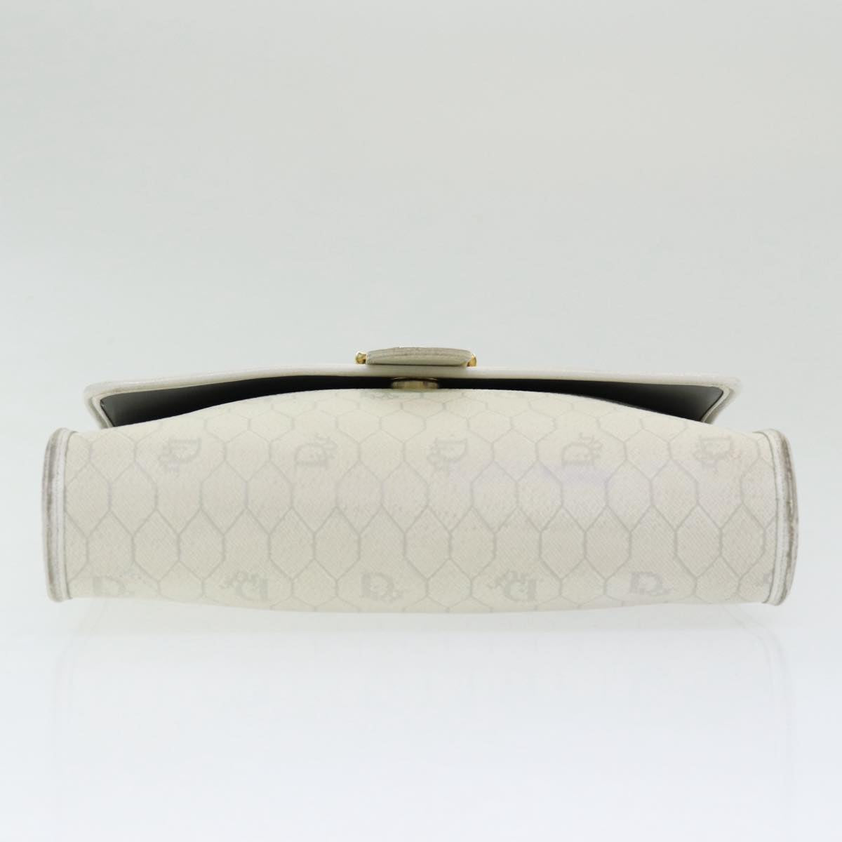 Christian Dior Honeycomb Canvas Shoulder Bag PVC Leather White Gold Auth 85684