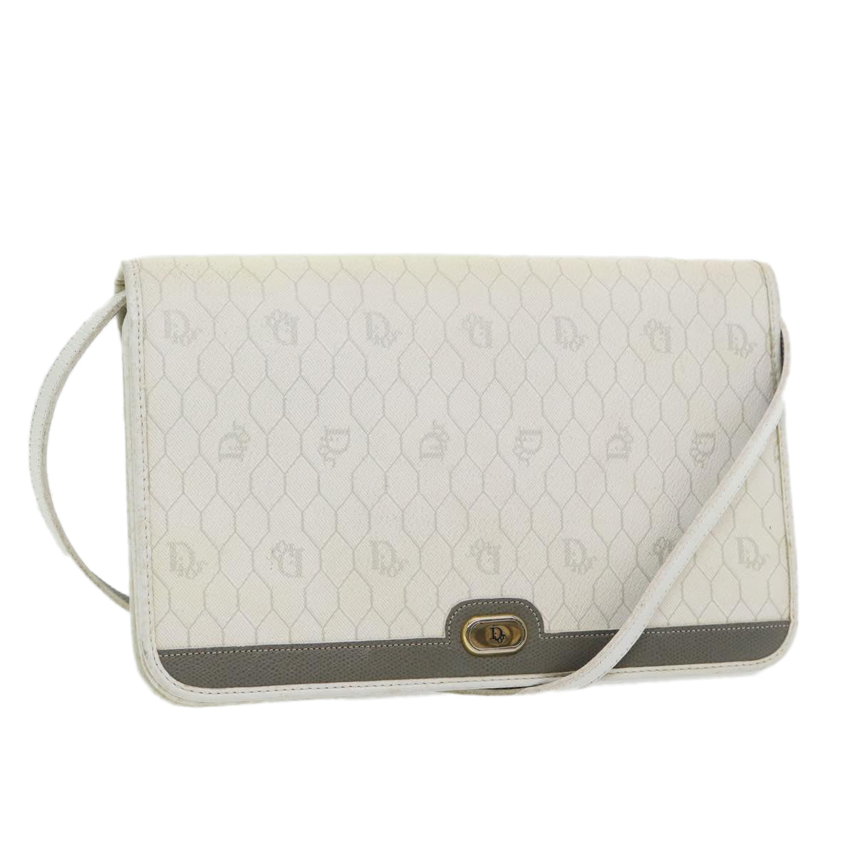 Christian Dior Honeycomb Canvas Shoulder Bag PVC Leather White Gold Auth 85691