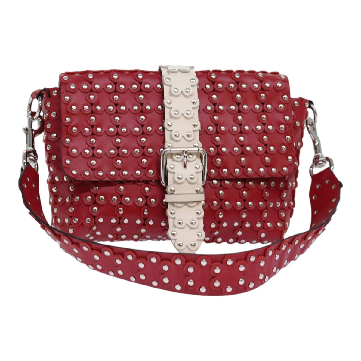 VALENTINO Shoulder Bag Leather Red Silver Auth 85697