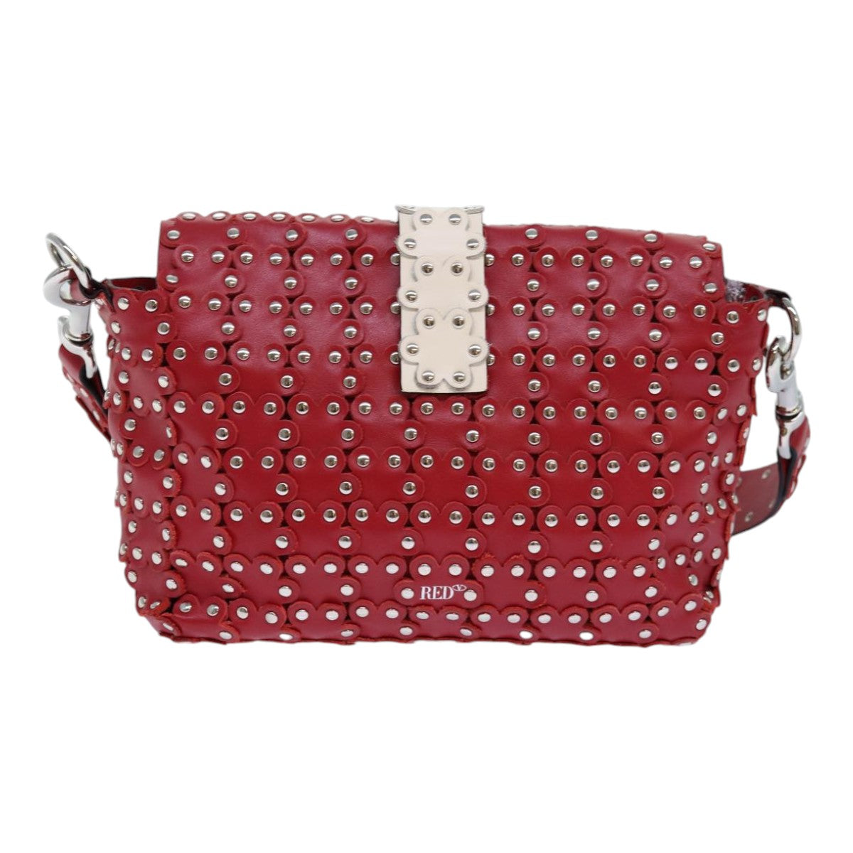 VALENTINO Shoulder Bag Leather Red Silver Auth 85697 - 0