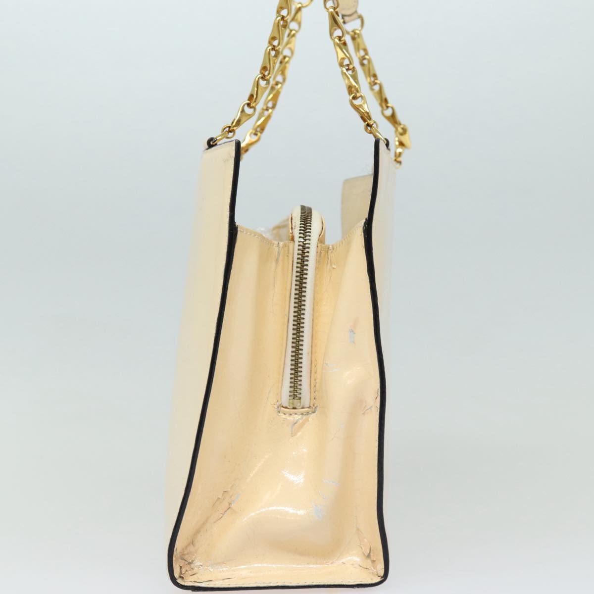 CELINE Chain Shoulder Bag Enamel Beige Gold Auth 85699