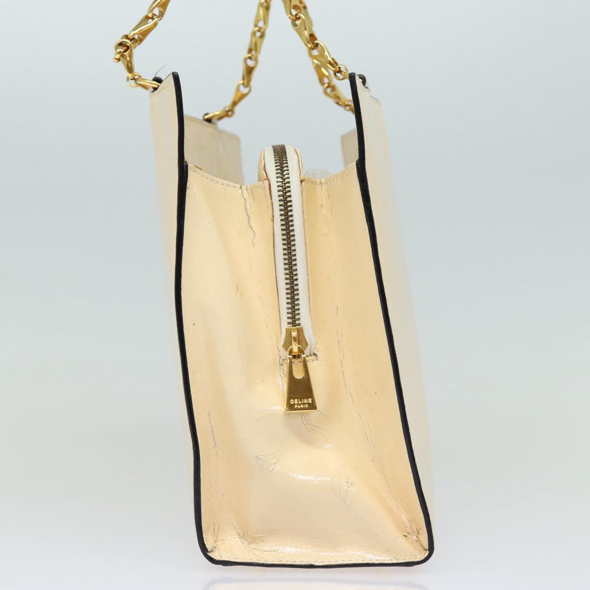 CELINE Chain Shoulder Bag Enamel Beige Gold Auth 85699