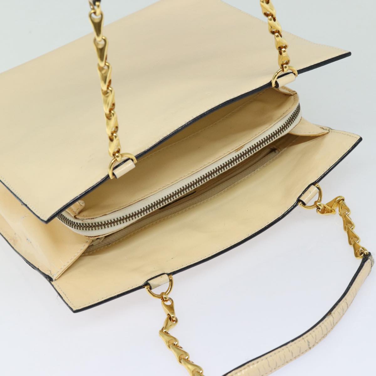 CELINE Chain Shoulder Bag Enamel Beige Gold Auth 85699