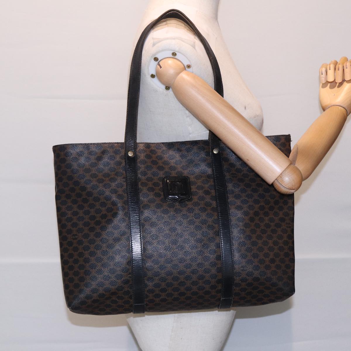 CELINE Macadam Canvas Tote Bag PVC Black Gold Auth 85704