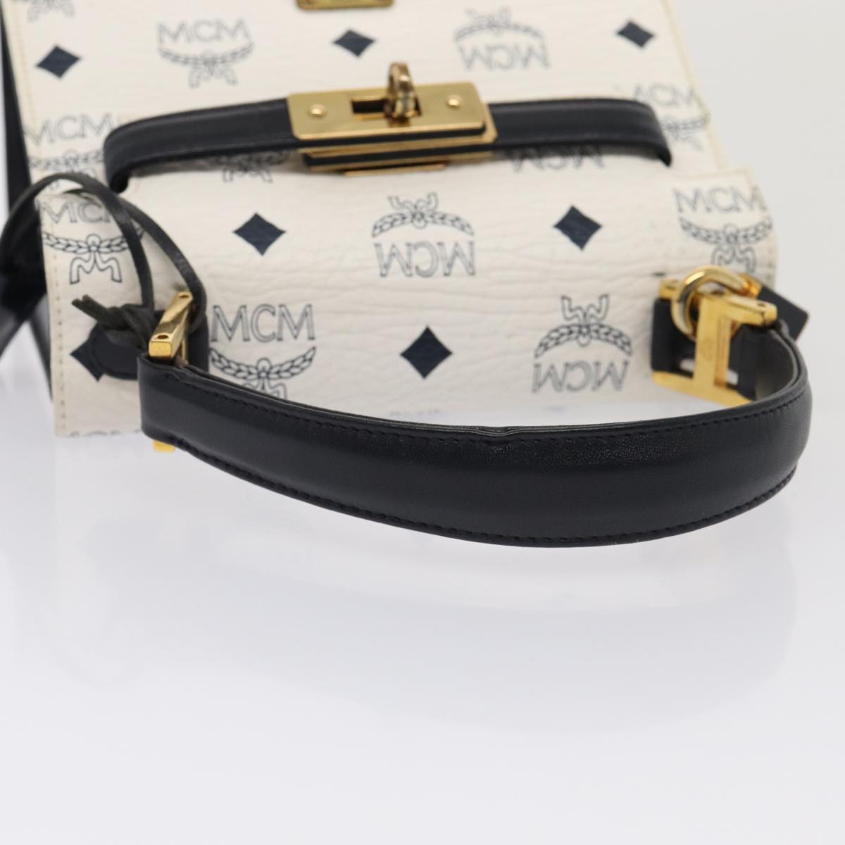 MCM Vicetos Logogram Hand Bag PVC Leather 2way White Gold Auth 85708