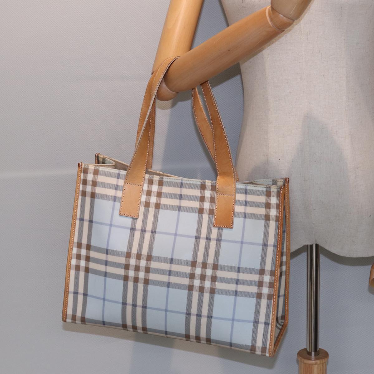 BURBERRY Nova Check Tote Bag PVC Leather Light Blue Brown Auth 85709