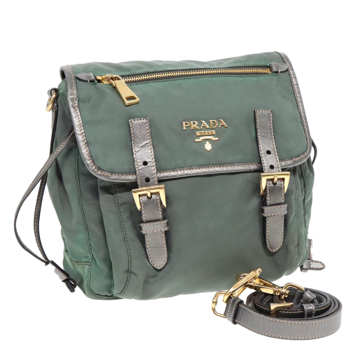 PRADA Shoulder Bag Nylon Green Gold Auth 85711