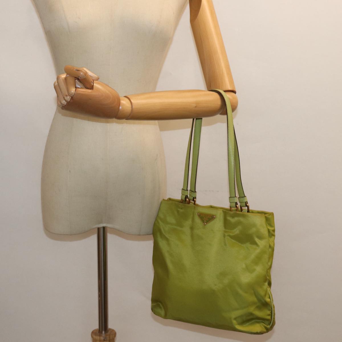 PRADA Shoulder Bag Nylon Green Gold Auth 85715