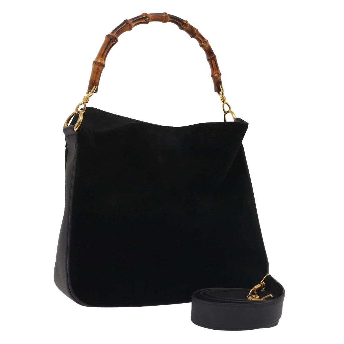 GUCCI Bamboo Hand Bag Suede 2way Black Gold 001 3754 1638 Auth 85727