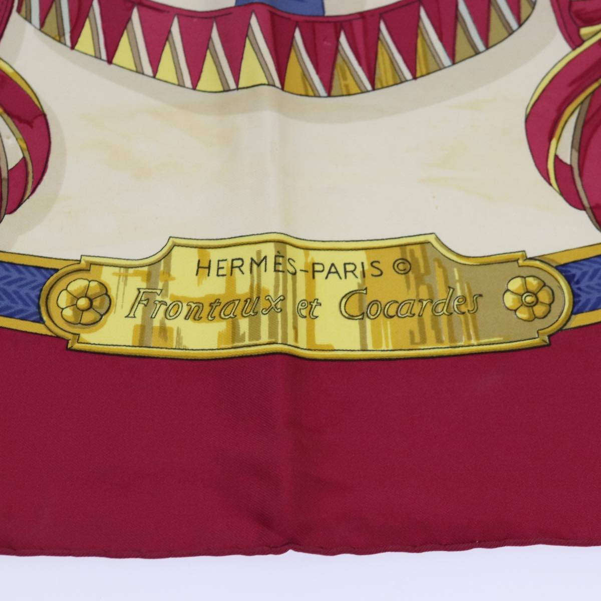 HERMES Carre 90 Scarf ”Frontaux et Cocardes” Silk Wine Red White Auth 85744