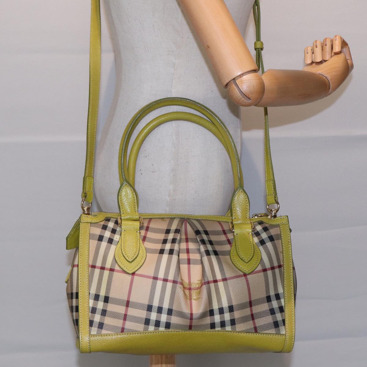 BURBERRY Nova Check Hand Bag PVC 2way Beige Gold Pistachio Yellow Auth 85745