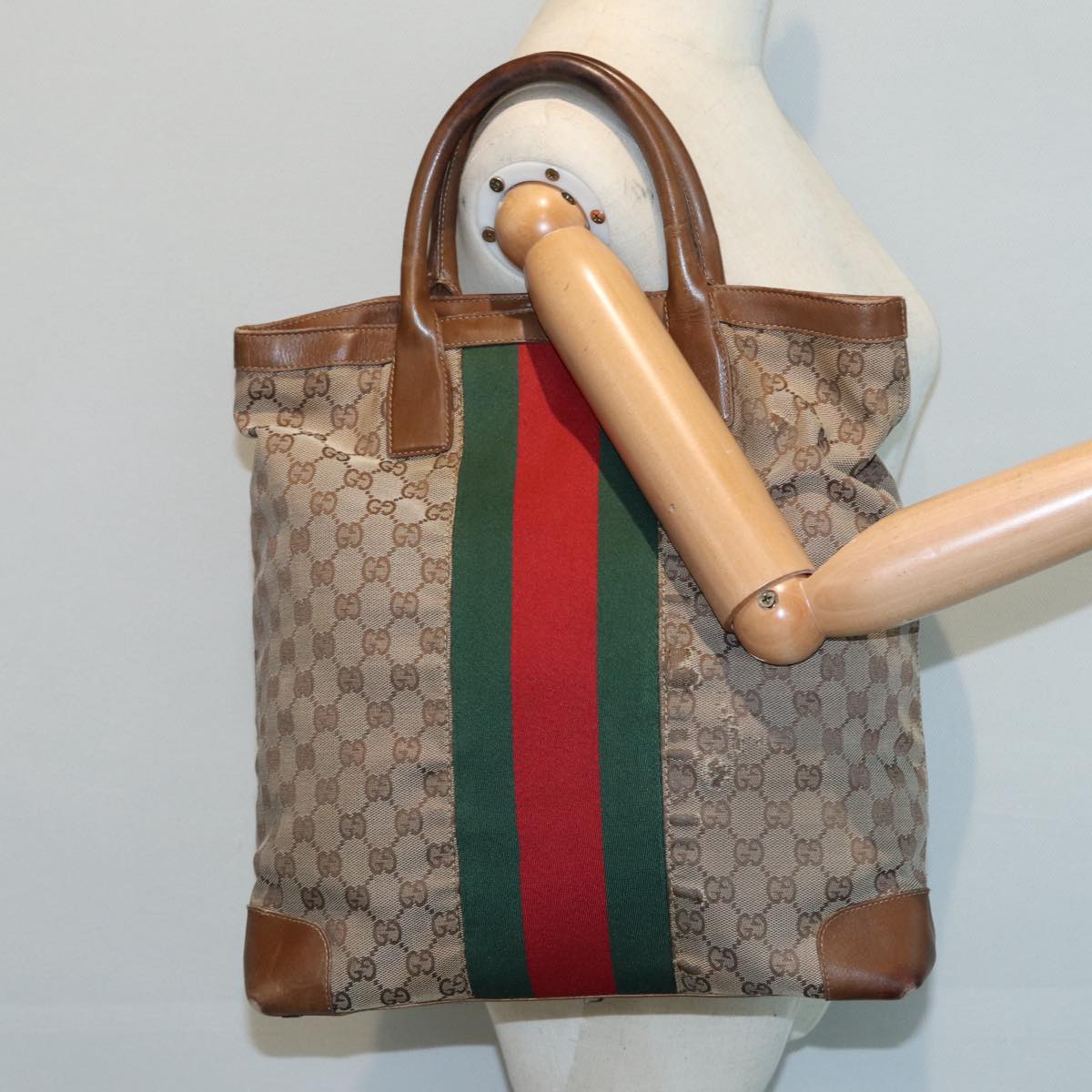 GUCCI GG Canvas Web Sherry Line Hand Bag Beige Silver 2058 002 5100 Auth 85747