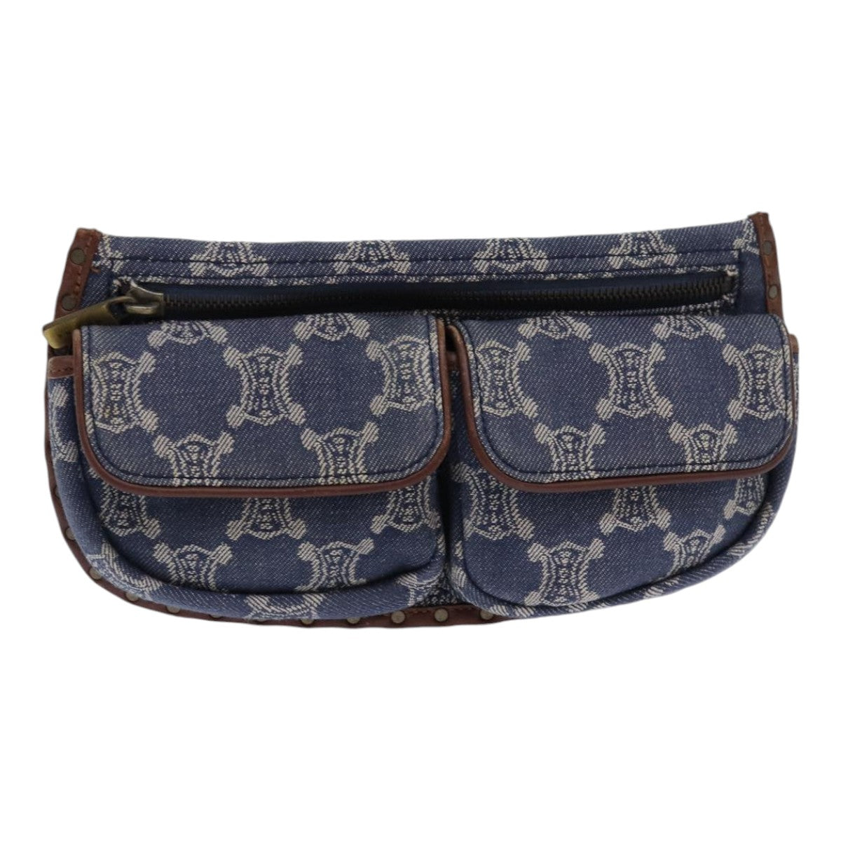 CELINE Paris Macadam Canvas Waist bag Denim Blue Gold Auth 85756