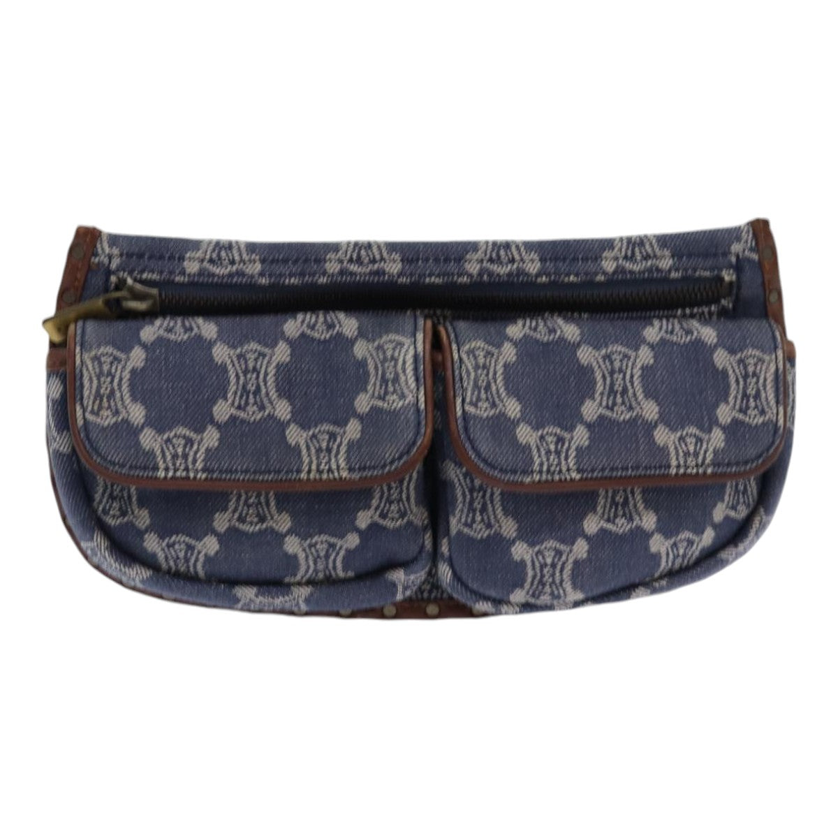 CELINE Paris Macadam Canvas Waist bag Denim Blue Gold Auth 85756