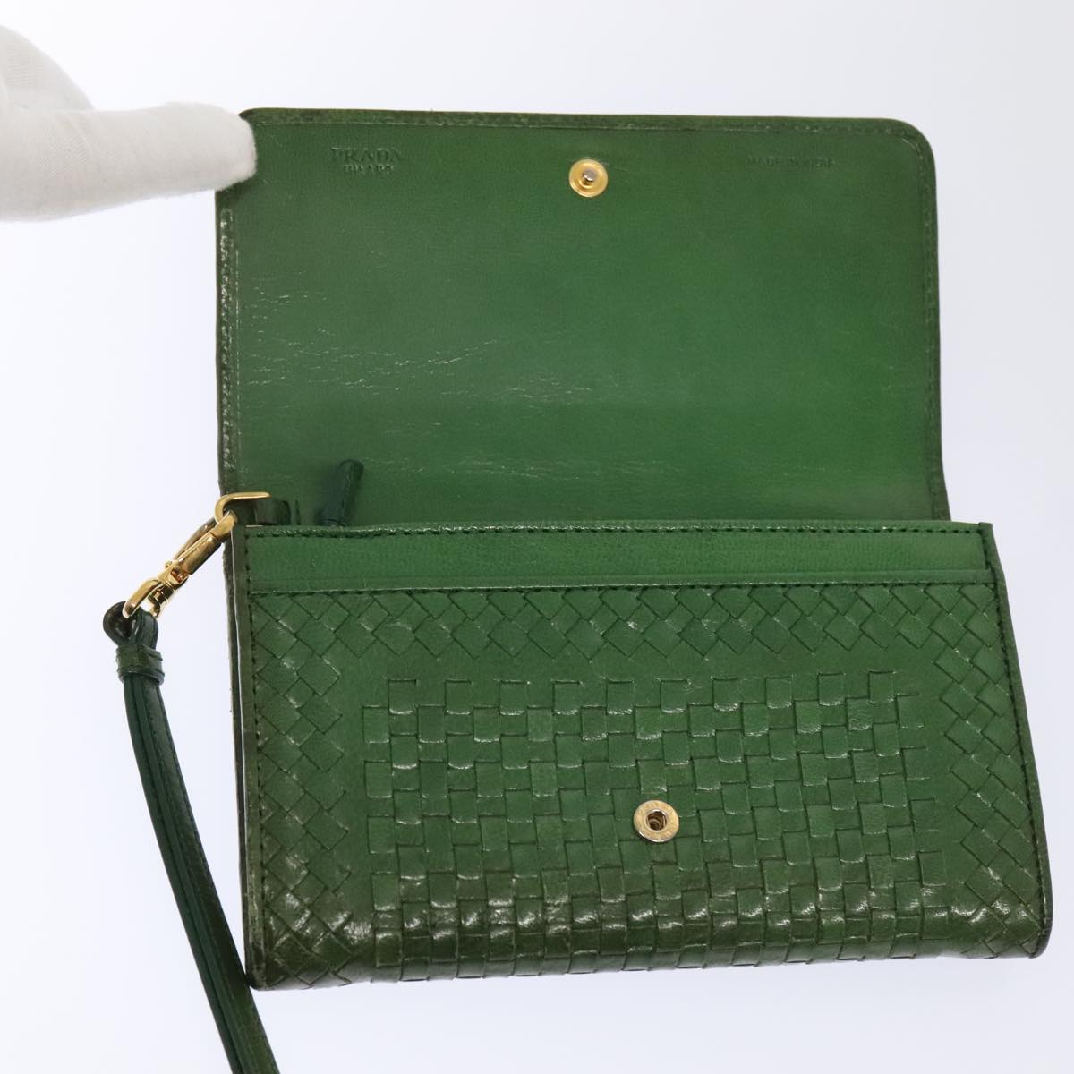 PRADA Wallet Leather Green Gold Auth 85772