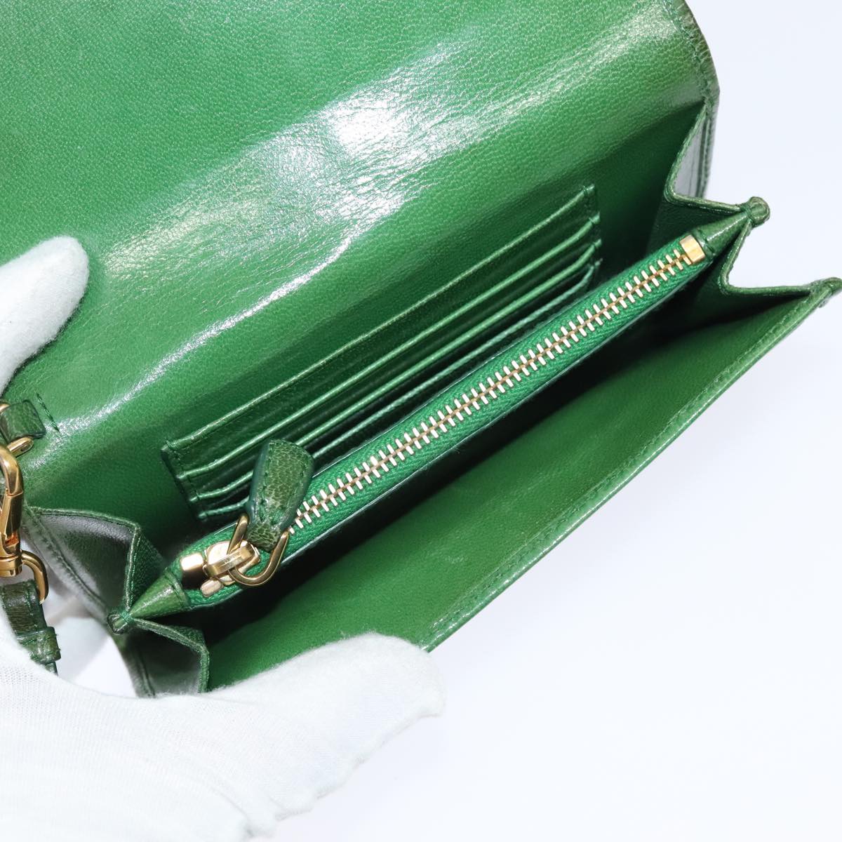 PRADA Wallet Leather Green Gold Auth 85772