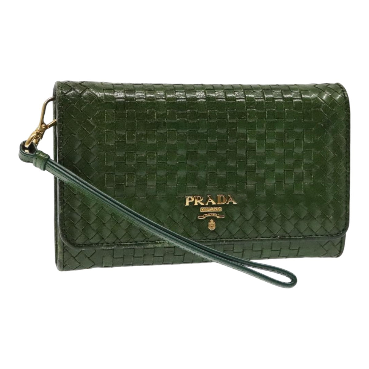 PRADA Wallet Leather Green Gold Auth 85772