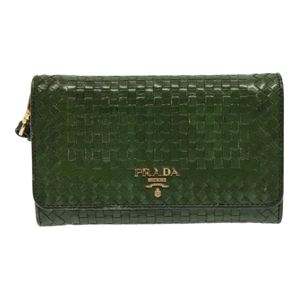 PRADA Wallet Leather Green Gold Auth 85772