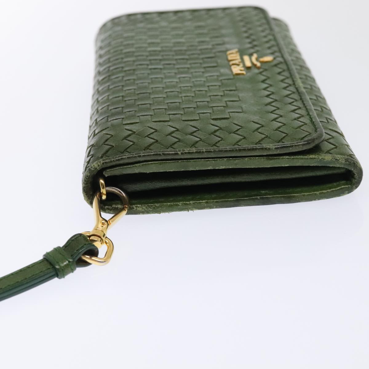 PRADA Wallet Leather Green Gold Auth 85772