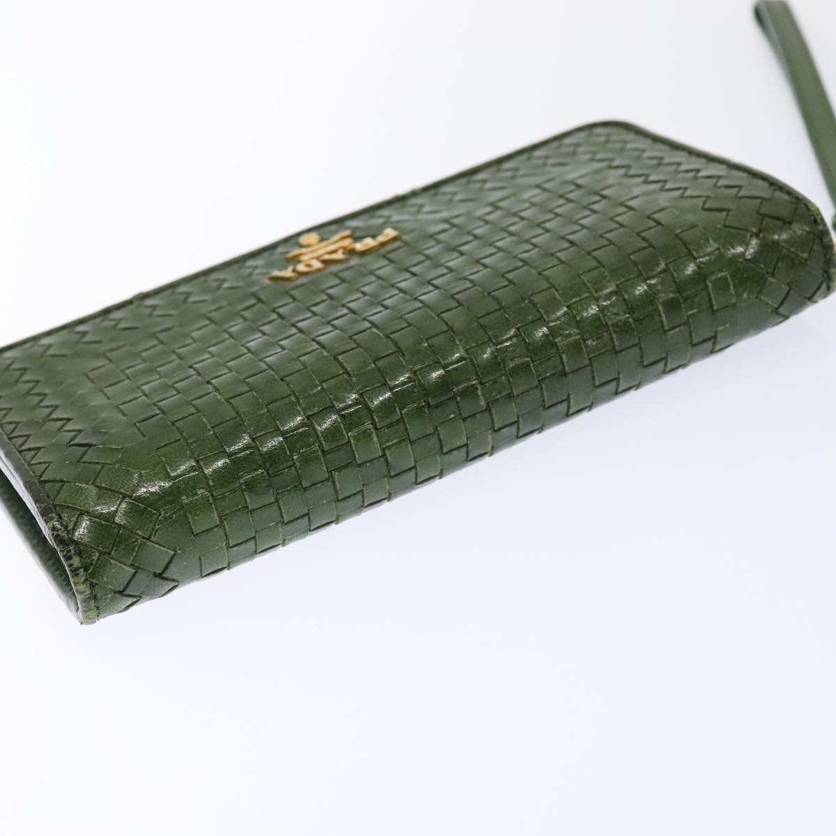 PRADA Wallet Leather Green Gold Auth 85772