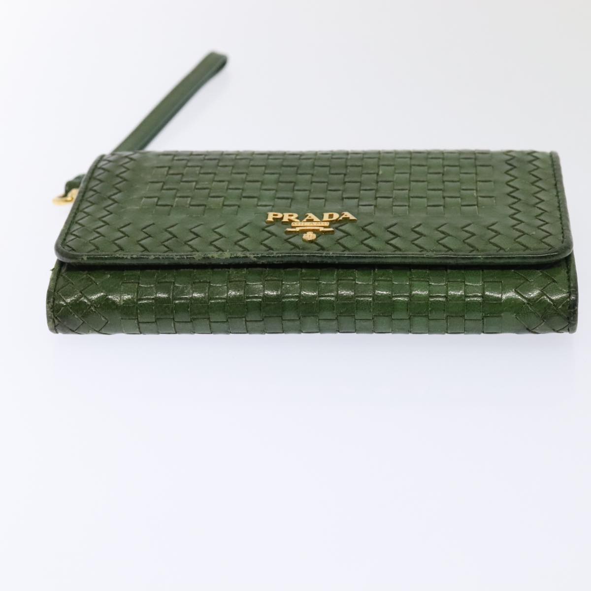 PRADA Wallet Leather Green Gold Auth 85772