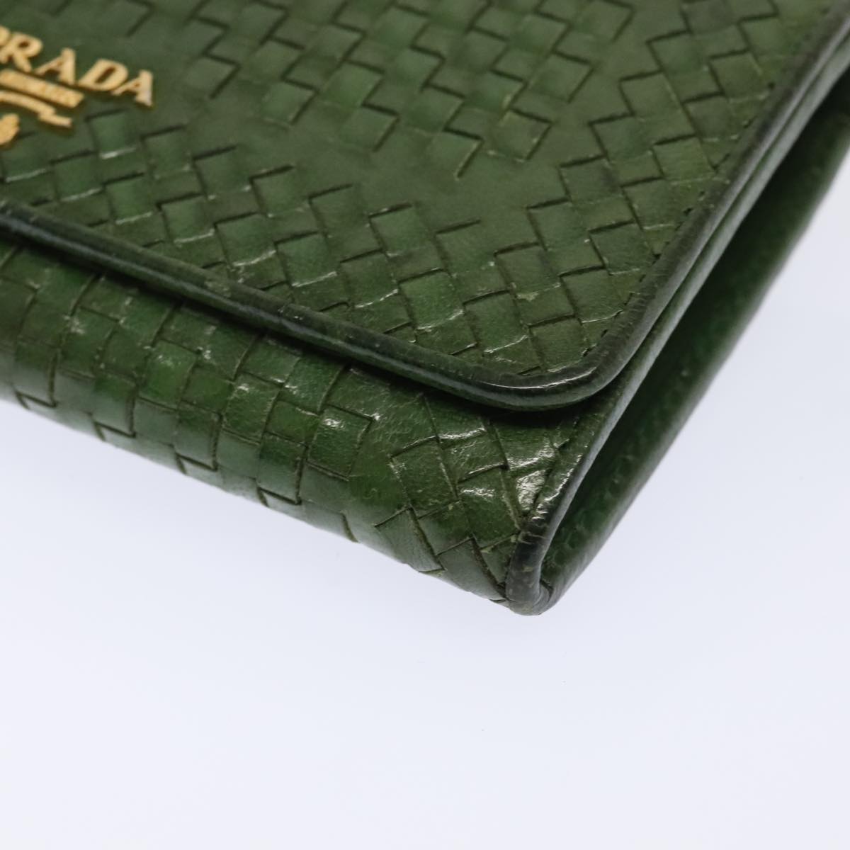 PRADA Wallet Leather Green Gold Auth 85772