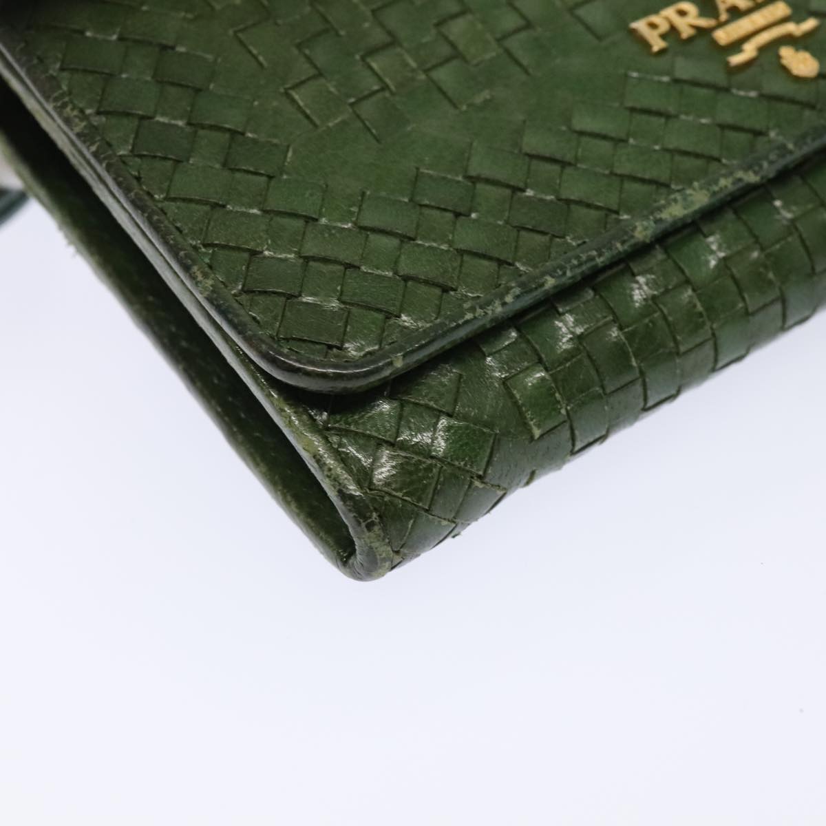 PRADA Wallet Leather Green Gold Auth 85772